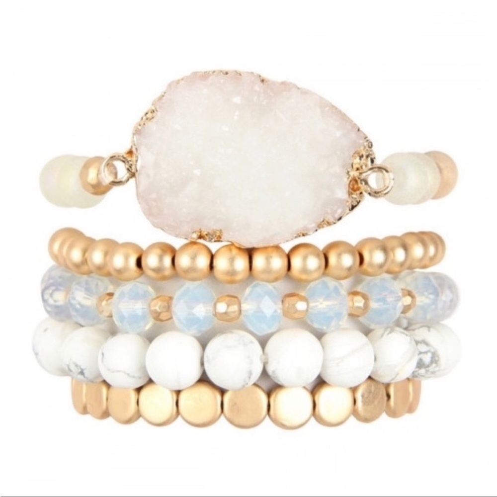 Druzy Gold And White 5pce Beaded Bracelet Set